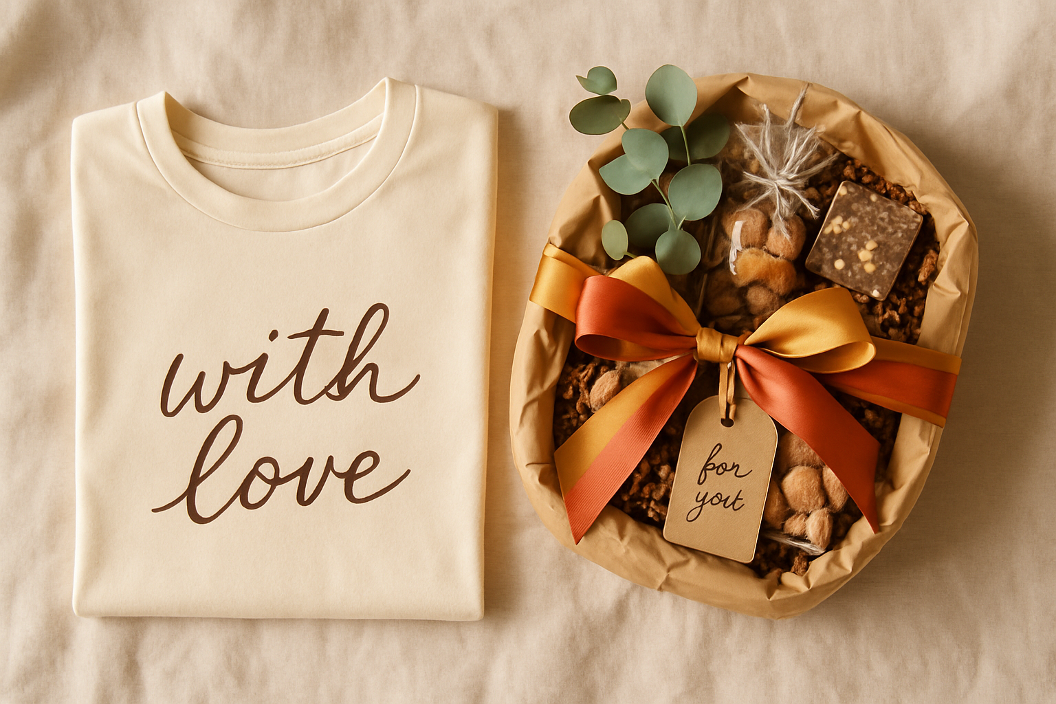 A folded custom tee beside a wrapped gift basket with ribbon